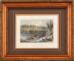 William Henry Bartlett (1809-1854)-Robert Wallis (1794-1878): Timber slide at Les Chats (Upper Canada). Színes acélmetszet, papír. Jelzett a metszet alatt nyomtatva. 12x18 cm. Üvegezett, dekoratív, kissé sérült fakeretben.