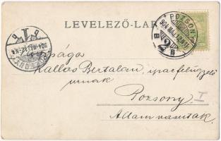 1904 Pozsony, Pressburg, Bratislava; vasútállomás, MÁV gőzmozdonyok katonákkal. Hátoldalon Kallós Be...
