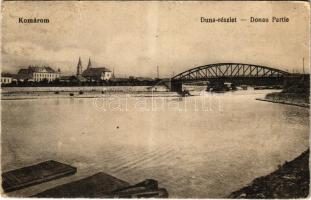 1920 Komárom, Komárnó; Duna részlet, híd, hajómalmok a háttérben / Danube river, bridge, floating boat (ship) mills in the background (Rb)