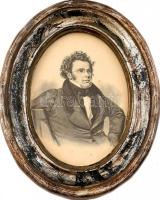 Franz Schubert portréja. Fametszet, papír, kissé foltos. Olvashatatlan jelzéssel. Üvegezett, dekoratív fa keretben, 16x12 cm