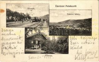 1906 Pelsőc, Pelsőcz, Pelsücz, Plesivec (Gömör); vasútállomás, vonat, étterem / railway station, train, restaurant