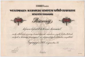 Gyöngyös 1921. "Westphalen-Auersperg Visontai Szőlő Uradalom Részvénytársaság" részvénye 2...