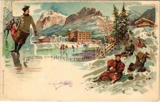 Grindelwald, Gruss aus... / general view, ice skate, sledding, winter sport. Müller & Trüb Art Nouveau, litho (tiny pinhole)