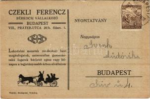 1930 Czekli Ferenc bérkocsi vállalkozó reklámja. Budapest VIII. Práter utca 20/b. / Hungarian horse-drawn carriage rental service advertisement card (EB)