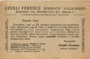 1930 Czekli Ferenc bérkocsi vállalkozó reklámja. Budapest VIII. Práter utca 20/b. / Hungarian horse-...