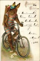 1899 (Vorläufer) Fröhliche Ostern / Easter greeting art postcard with rabbit on a bicycle. litho (r)