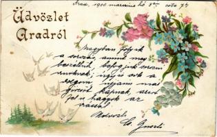 1900 Arad, Üdvözlet Aradról. Virágos üdvözlőlap / Floral greeting card with silk flowers. litho (vágott / cut)