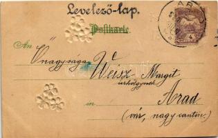 1900 Arad, Üdvözlet Aradról. Virágos üdvözlőlap / Floral greeting card with silk flowers. litho (vág...