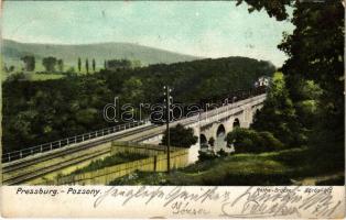 1904 Pozsony, Pressburg, Bratislava; Rothe-Brücke / Vörös híd, vasúti híd, gőzmozdony, vonat. Verlag "Bediene dich allein" / railway bridge, locomotive, train (EK)