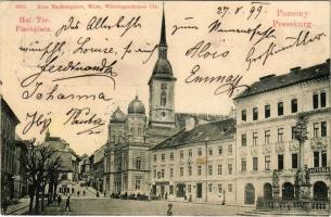 1899 (Vorläufer) Pozsony, Pressburg, Bratislava; Hal tér, zsinagóga, piac, Wenzl András üzlete. Hans Nachbargauer kiadása / Fischplatz / square, synagogue, market, shops (r)