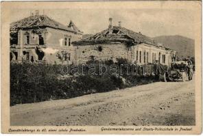1918 Predeál, Predeal; Csendőrlaktanya és állami elemi iskola romos állapotban. Grünfeld Vilmos kiadása / WWI ruins, gendarmerie barracks, school (EK)