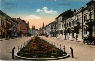 1916 Kolozsvár, Cluj; Ferenc József út. Vasúti levelezőlapárusítás 111. sz. 1915. / street view (kopott sarkak / worn corners)