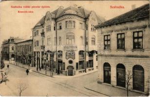 1911 Szabadka, Subotica; Kossuth utca, Takarékpénztár, Fonciere biztosító, kávéház. Vig Zsigmond Sándor kiadása / street view, savings bank, insurance company, café (EK)