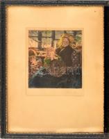 Perlmutter Izsák (1866-1932)-Prihoda István (1891-1956): Anya gyermekével. Színezett rézkarc, papír, jelzett (Perlmutter Izsák), üvegezett fa keretben, lapszéli apró folttal, 22,5x19 cm