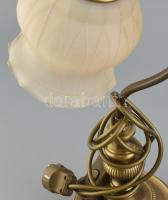 2 db éjjeli lámpa párban. Antik hatású festett fém, üveg burával. Egyiken kis repedéssel. 38 cm