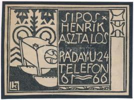 cca 1910 Kozma Lajos (1884-1948): "Sipos Henrik Asztalos. Ráday u. 24. Telefon 61-66.", reklám grafika, papír, klisé, jelzett a dúcon, kartonra kasírozva, 7x9 cm