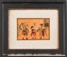 Wéhli Dezső (?-?): Gyerekek, 1910-30 körül. Akvarell, papír, 9x14cm. Dekoratív üvegezett, régi fakeretben.