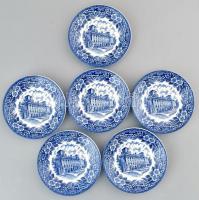 Angol fajansz tányér, 6db, matricás Eszterházy kastély motívumával, jelzett, hibátlan, d:14cm