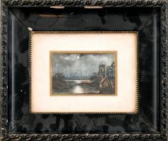 Gyurk A. jelzéssel: Vízparti romantikus táj, 1910-30 körül. Vegyes technika, papír, 8x12cm, Dekoratív korabeli, sérült, üvegezett fa keretben.