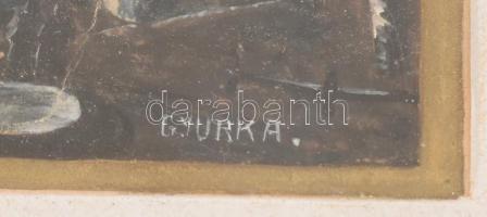 Gyurk A. jelzéssel: Vízparti romantikus táj, 1910-30 körül. Vegyes technika, papír, 8x12cm, Dekoratí...