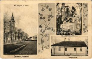 1928 Földes, Református templom és iskola, Takarékpénztár, Elesett hősök szobra, emlékmű. Falus felvétele. Hangya szövetkezet kiadása (fa)