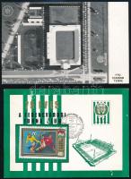 cca 1970-1974 FTC stadion terve, fotólap, 15x9,5 cm + 75 éves a Ferencvárosi Torna Club, emléklap, Üllői úti Stadion (később Albert Flórián Stadion) avató mérkőzés alkalmi bélyegzéssel, hátoldalán sokszorosított aláírásokkal, 15x10,5 cm
