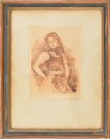Prihoda István (1891-1956)-Glatz Oszkár (1872-1958): Leány kapával. Színezett rézkarc, papír, jelzett (Glatz és Prihoda), 22,5x20cm, kissé foltos. Üvegezett, kissé sérült fa keretben.