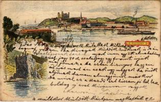 1899 (Vorläufer) Pozsony, Pressburg, Bratislava; Ezredéves Országos Kiállítás, Dévényi vár, gőzhajók / Devín castle, steamships, general view. Hungarian Millennium Exhibition, floral litho s: Morelli, Dörre T. + barna 2 Kr. Ga. (ragasztónyom / glue marks)