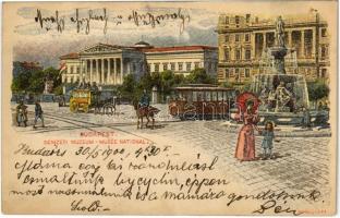 1900 Budapest VIII. Ezredéves Országos Kiállítás, Nemzeti Múzeum és Kálvin tér, villamos. barna 2 Kr. Ga. s: Dörre T., Morelli (ragasztónyom / glue marks)