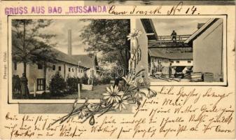 1906 Ruszanda-fürdő, Banja Rusanda (Melence, Melenci); udvar, iszapszállítás a fürdőbe. Photogr. Oldal / spa, courtyard, transport of mud to the baths. Art Nouveau, floral