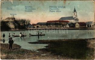 1907 Bács, Batsch, Bac; Kálvária, Árvaház, Plébániatemplom, csónak / calvary, orphanage, parish churhc, rowing boat (kopott sarkak / worn corners)