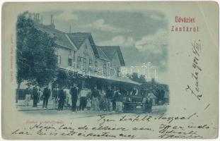1901 Zenta, Senta; vasútállomás, vonat, gőzmozdony, vasutasok. Straub Ödön kiadása / railway station, train, locomotive, railwaymen (EB)