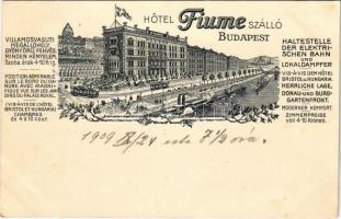 1909 Budapest I. Hotel Fiume szálló, villamosvasúti megállóhely, gyönyörű fekvés, minden kényelem. reklám (háború során elpusztult)