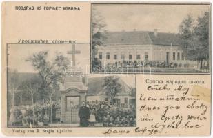 Kabol, Kovilj; Szerb népiskola, emlékmű. J. Stejin kiadása / Serbian school, monument (ázott / wet damage)