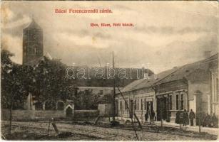 1911 Bács, Batsch, Bac; Ferenc-rendi zárda, Ries, Blum, Birli házak és üzletek. Blum Mihály kiadása / monastery, shops (EB)
