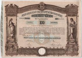 Budapest 1906. "Pesti Hazai Első Takarékpénztár-Egyesület" 100K-ról szóló nyereménykötvény...