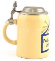 Kerámia söröskorsó fém fedéllel, matricás, apró lepattanással, m: 16,5 cm