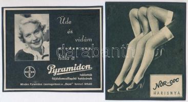 cca 1920-1940 Vegyes reklám tétel, 4 db: Bayer Pyramidon tabletták, Nor-Coc Harisnya, Kalodont fogkrém, Orion hőpalack, papírok kartonokra kasírozva, 15x11 cm és 12x10 cm közötti méretben
