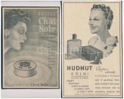 cca 1920-1940 Pudra Chat Noir minden divatszínben, és Hudnut kölni reklámok, papírok kartonokra kasírozva, 18x13 cm és 21x13 cm