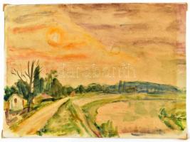 Nyerges Pál (1914-1987): Falusi táj, akvarell, papír, jelzett, víz áztatta foltokkal, 30×40,5 cm