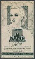 cca 1920-1940 Kamp Ballkönigin Puder, Nürnberg, Alex Kamp & C., reklám nyomtatvány, kartonra kasírozva, 17x10 cm