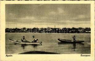1942 Apatin, Duna-part, evezős csónakok / Danube riverside, rowing boats, sport (fa)