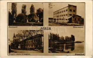 1948 Apatin, Park, Motormalom, Polgári iskola és templom, Strandfürdő. Szavadill J. kiadása / park, motor mill, school, church, beach (fl)