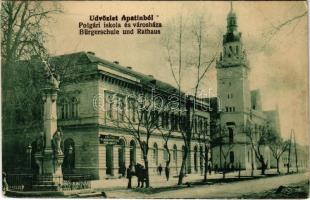 1917 Apatin, Polgári iskola és Városháza. Lotterer Antal kiadása / Bürgerschule und Rathaus / school, town hall (EK)