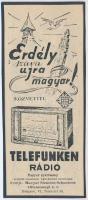 cca 1940 Erdély szava ujra magyar!, irredenta Telefunken Rádió reklám nyomtatvány, papír kartonra kasírozva, 17x7 cm