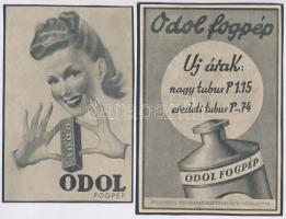 cca 1920-1940 Odol fogpép reklám nyomtatványok, 2 db, a hölgy alakos Debreceni Szabó István (1905-1990) jelzés nélküli munkája, papírok kartonokra kasírozva, 18x12 cm és 17x11 cm