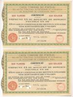 Franciaország 1934. Osztrák és Magyar Államadósok Közös Alapja - A Magyar Királyság 4%-kal aranyban kamatozó kötvénye elismervény 500G-ről (2x) + 1000G-ről bélyegzésekkel, lyukasztásokkal érvénytelenítve T:III / France 1934. Joint Fund of Austrian and Hungarian Public Debt Holders - 4% in Gold Interest Bearing Bond certificate about 500 Gulden (2x) + 1000 Gulden, with overprints, cancelled by holes C:F