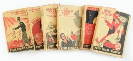 Pesti Hírlap könyvek, 6 db: Bekvando aranya, Sötét hatalom, Aki a gyilkosát keresi, stb. Kiadói papírkötés, viseltes állapotban.
