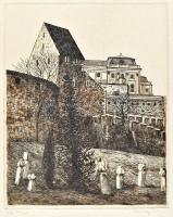 Scultéty Éva (1917-2001): Vár (Budai vár). Rézkarc, papír, jelzett, számozott (24/100), foltos, 24×19,5 cm