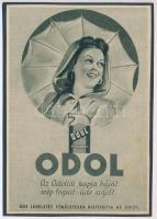cca 1920-1940 Debreceni Szabó István (1905-1990): Odol. Az Odoltól kapja báját, szép fogait, üde száját, reklám nyomtatvány kartonra kasírozva, 15x10 cm